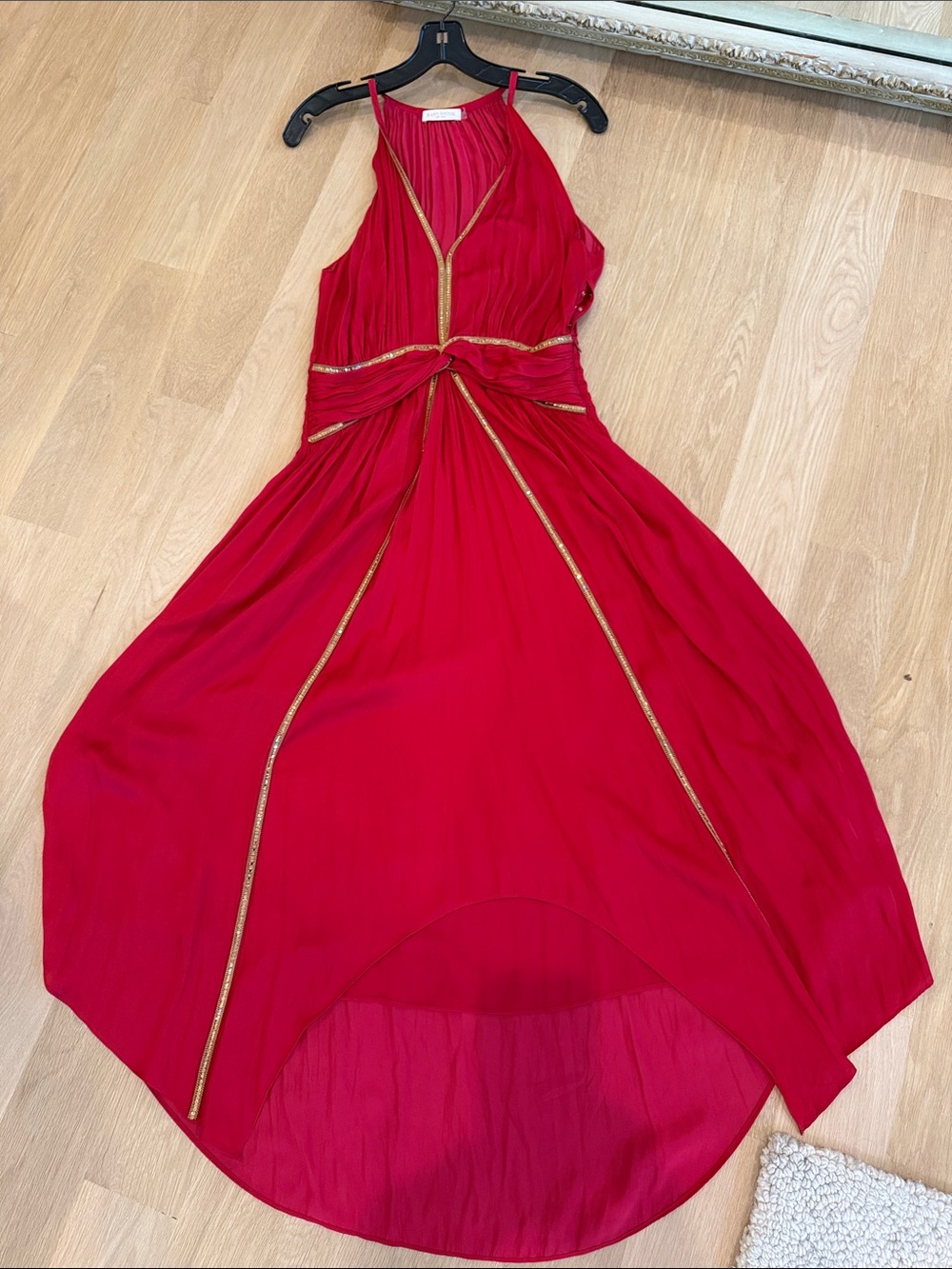 Ramy Brook Red Halter High-Low Dress with Gold Accents